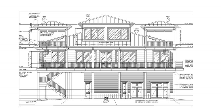 Beach house photorealistic rendering from elevation drawing.