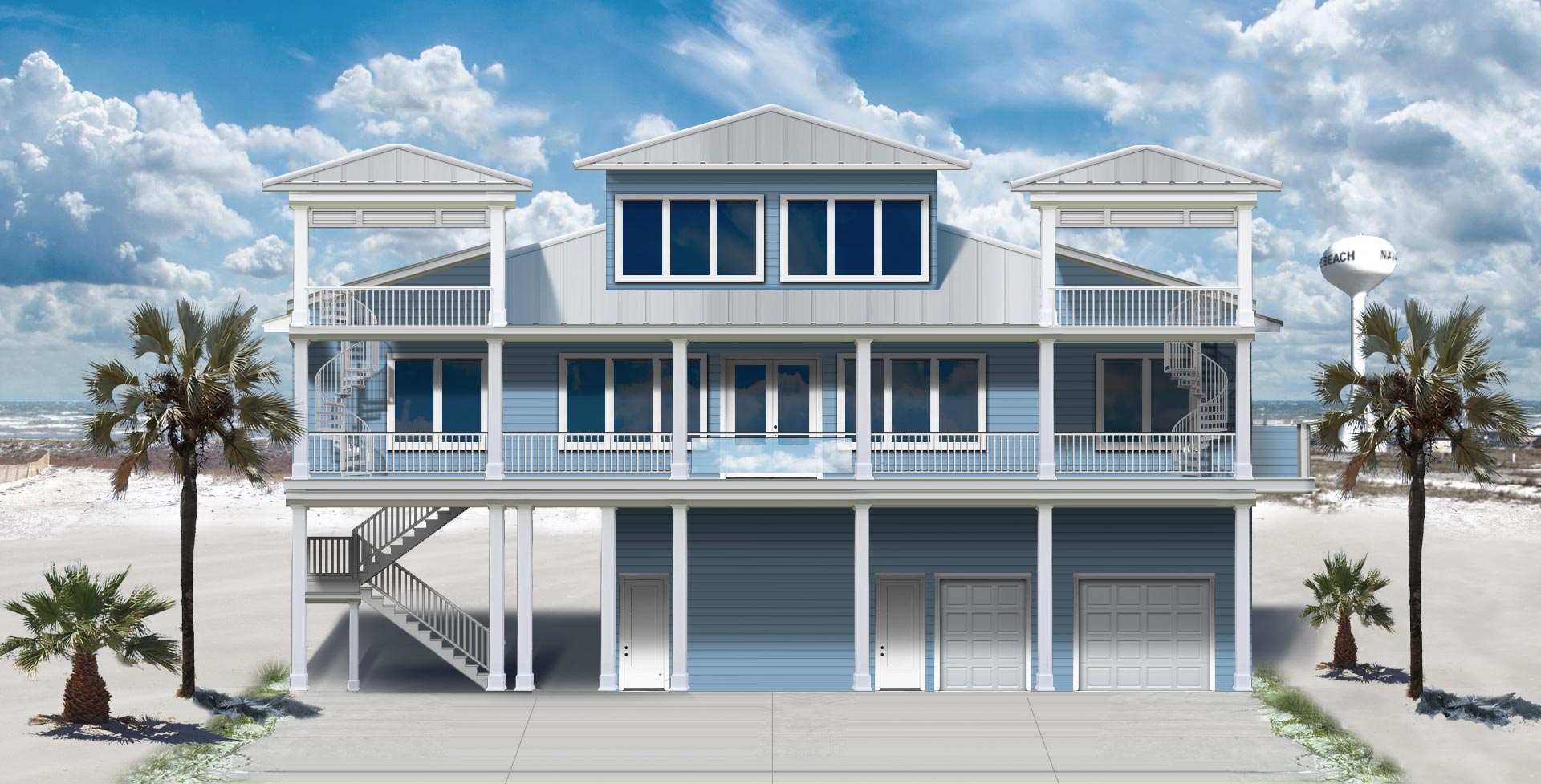 Florida beach house rendering from elevation plan.