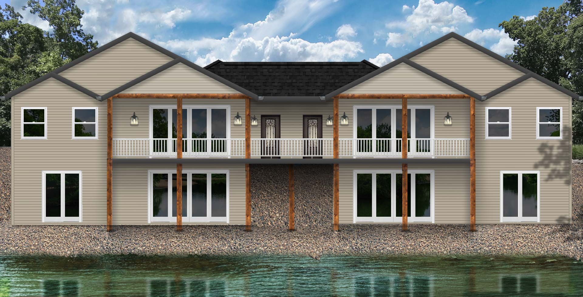 Lake house rendering from 2D elevation plan